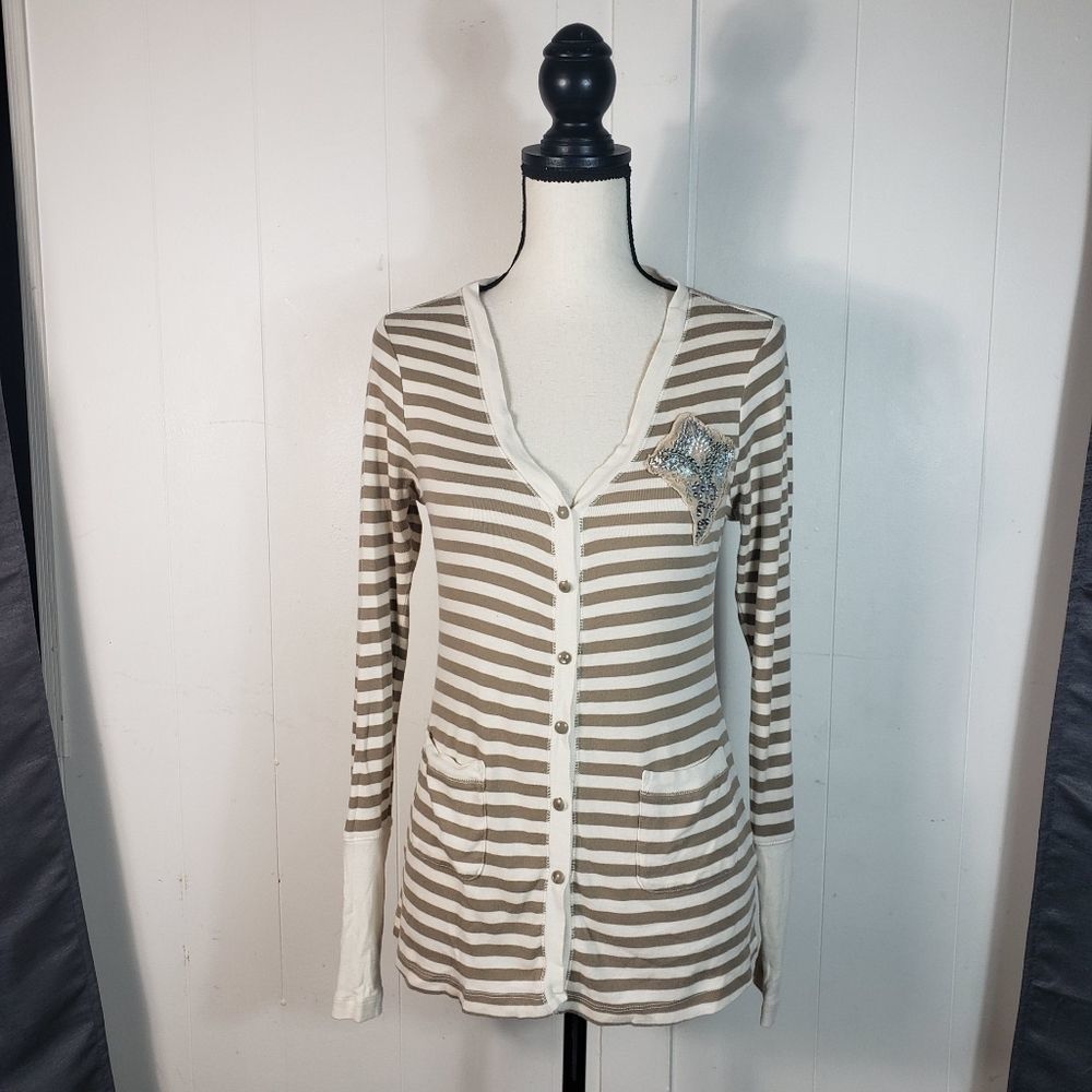 TINY Cream Tan Stripes Beaded Aplique V Neck Cardigan Size Small